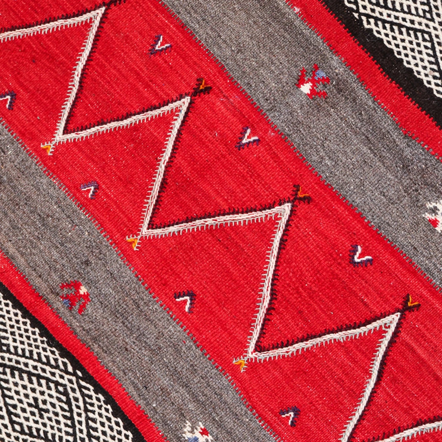 Close-up of a woven textile with red, gray, and black patterns
