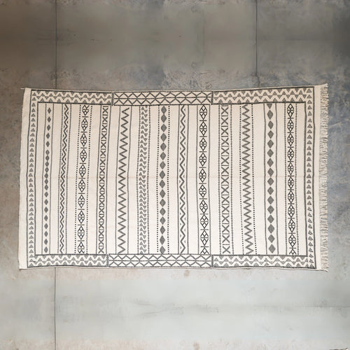 Patterned rug on a textured floor